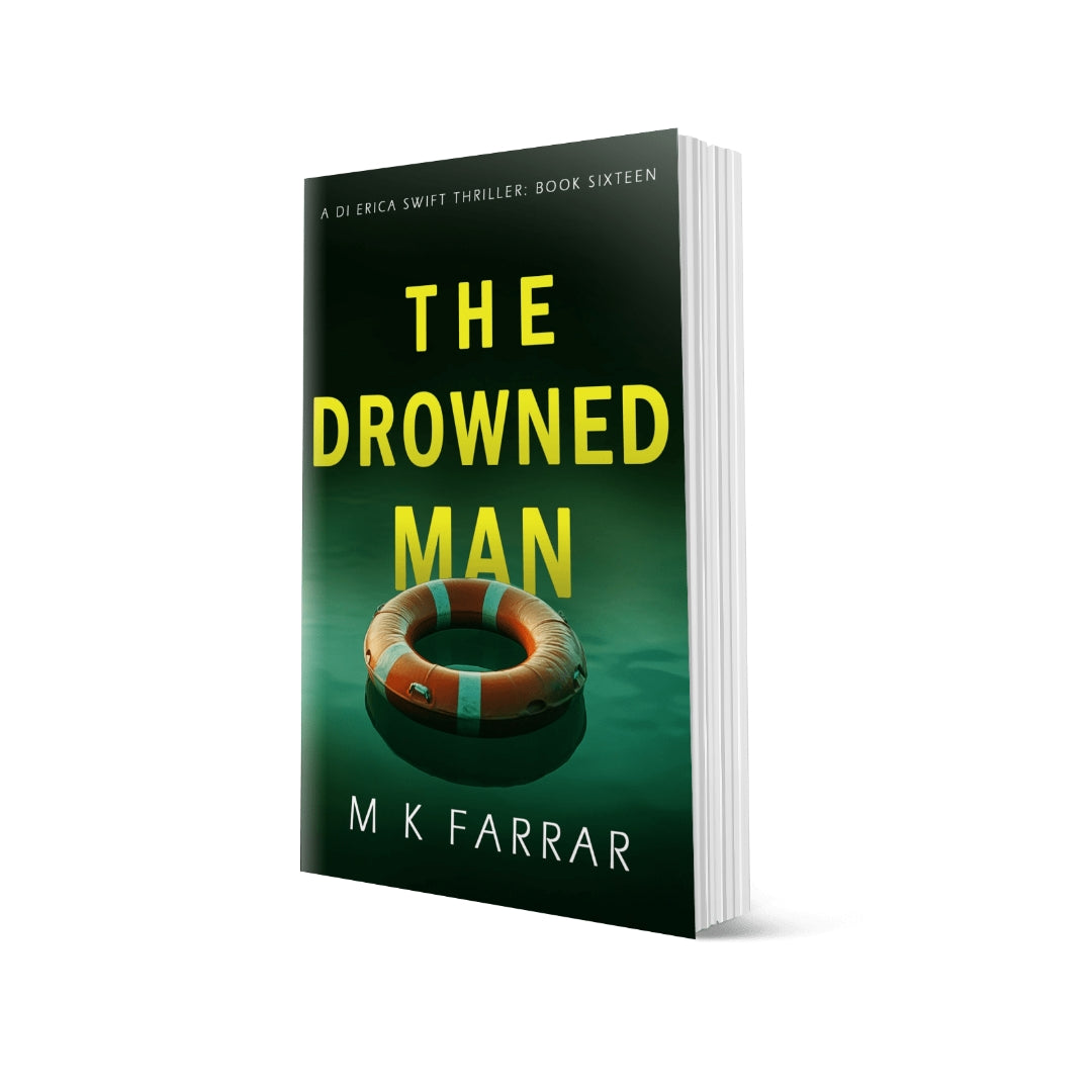 Book cover of 'The Drowned Man' by M K Farrar with a life buoy on a green background